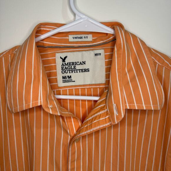 American Eagle Orange and White Men's Striped Button Down Size M - Picture 4 of 7